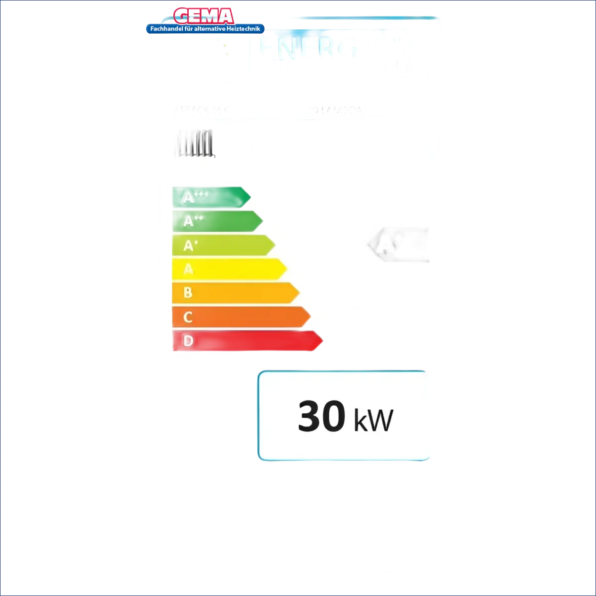 Energieeffizienzlabel für Heizgerät Holzvergaser Attack SLX Lambda Touch 30 kW