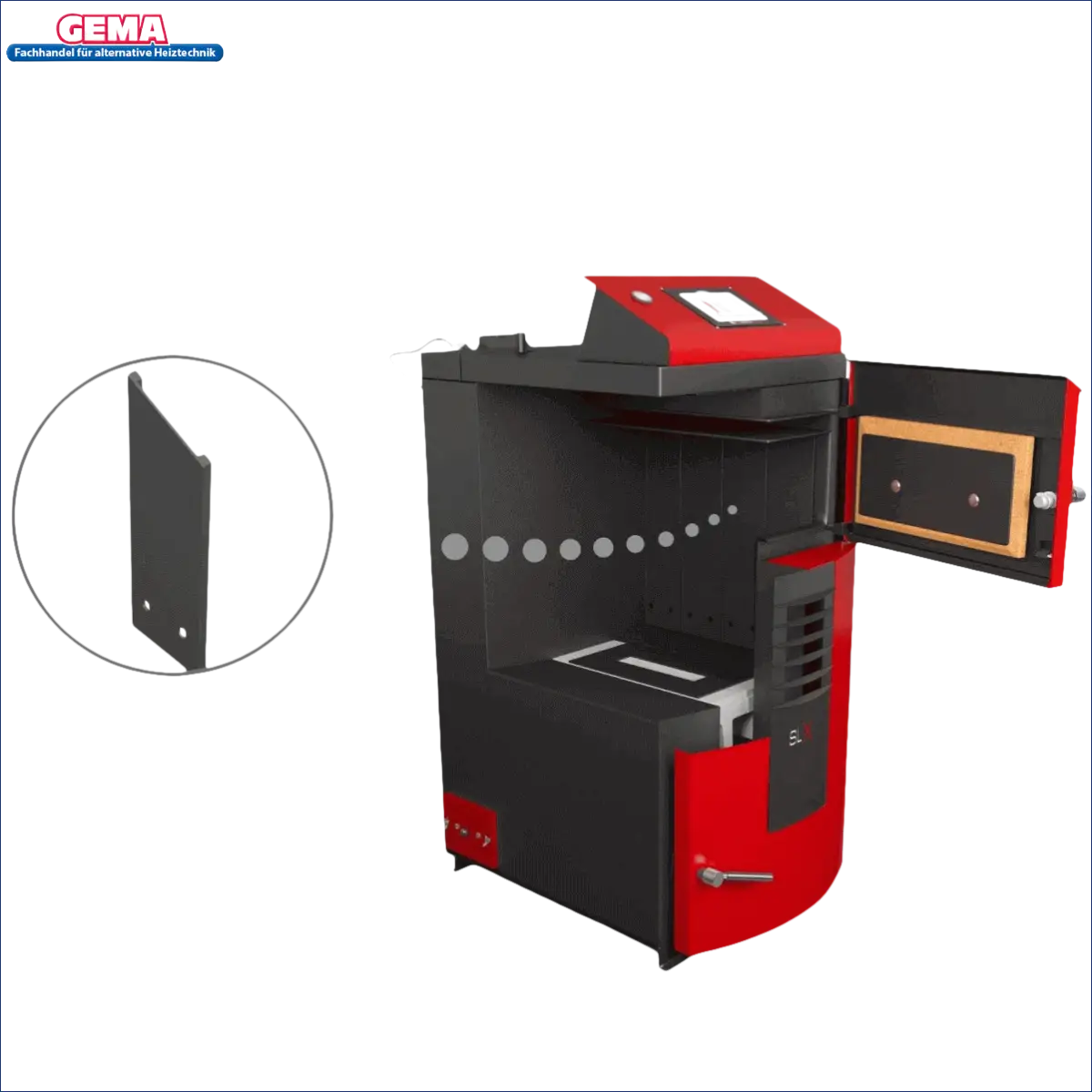 Roter und schwarzer Holzvergaser Attack SLX Lambda Touch 30 kW mit offenem Tür