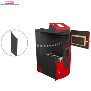 Roter und schwarzer Holzvergaser Attack SLX Lambda Touch 30 kW mit offenem Tür