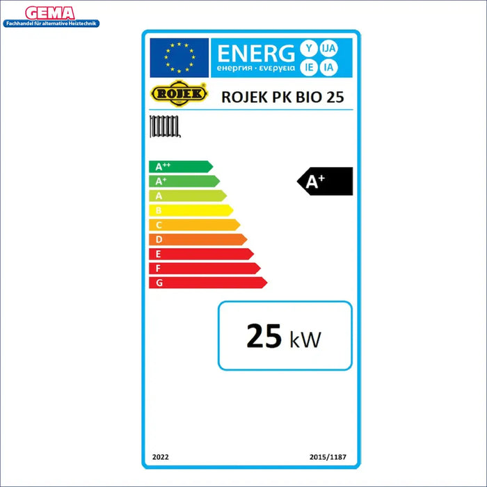 Energieeffizienzlabel für ROJEK PK BIO 25 kW, bewertet mit A+, zeigt Heizleistung und Verbrauch.