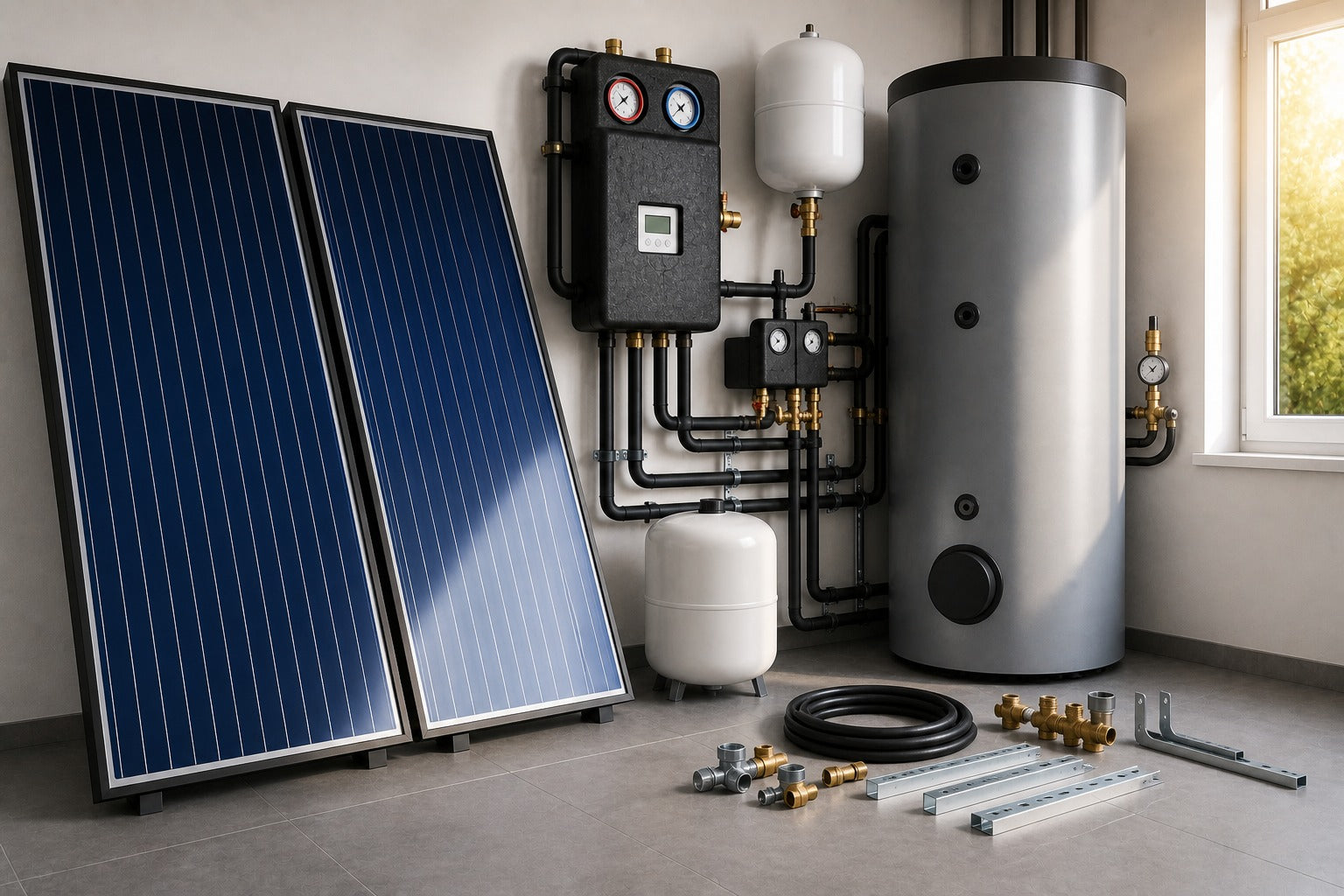 Solarkollektorer med solstation, ackumulatortank och rörinstallation i modernt teknikrum