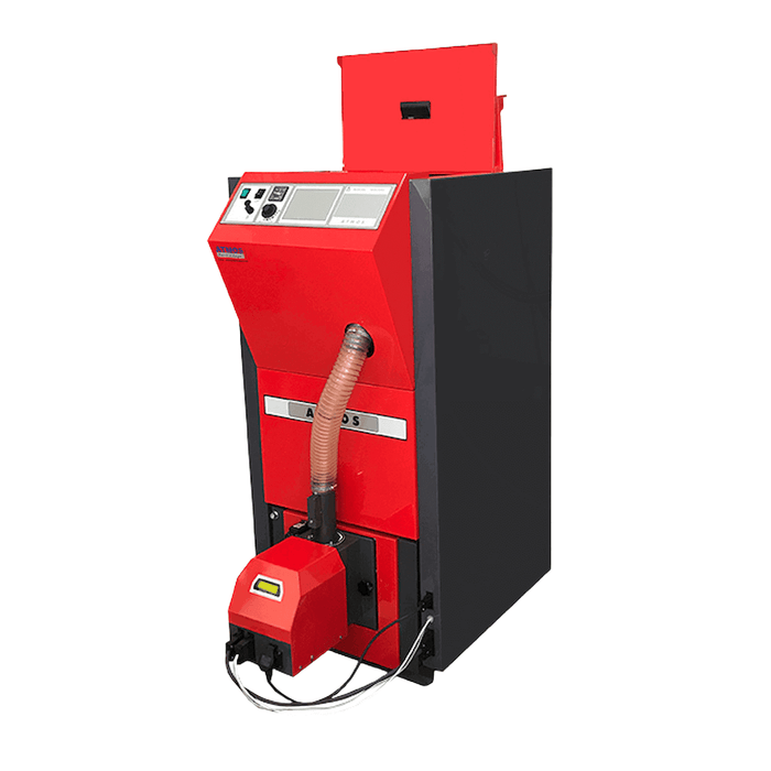 Pelletkessel ATMOS PX10 🔥 mit digitaler Steuerung und Auffangbehälter für effiziente Wärme 👨‍🔧💧