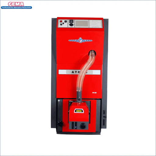 Pelletkessel ATMOS PX10 in rot 🔥| Förderfähig ohne Partikelabscheider, optimale Energieeffizienz 💡.