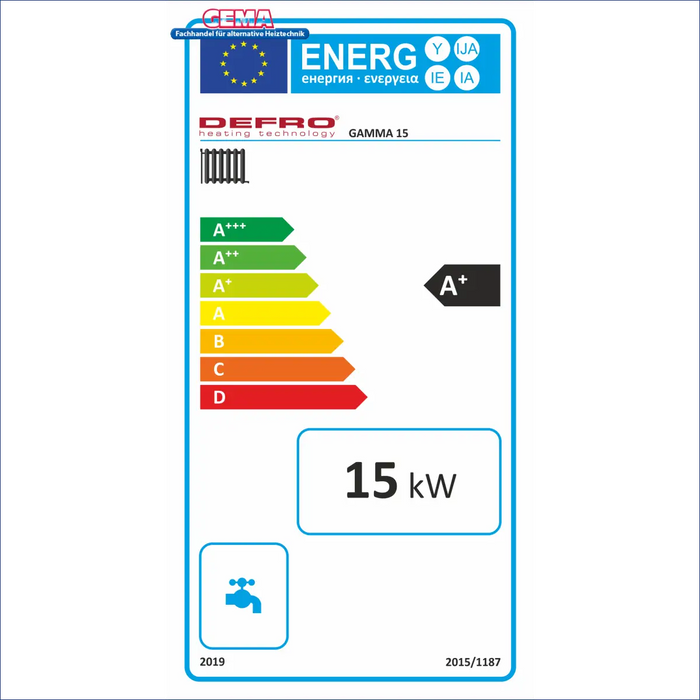Energieeffizienz-Label für den Pelletkessel DEFRO GAMMA 15 kW Heizgerät