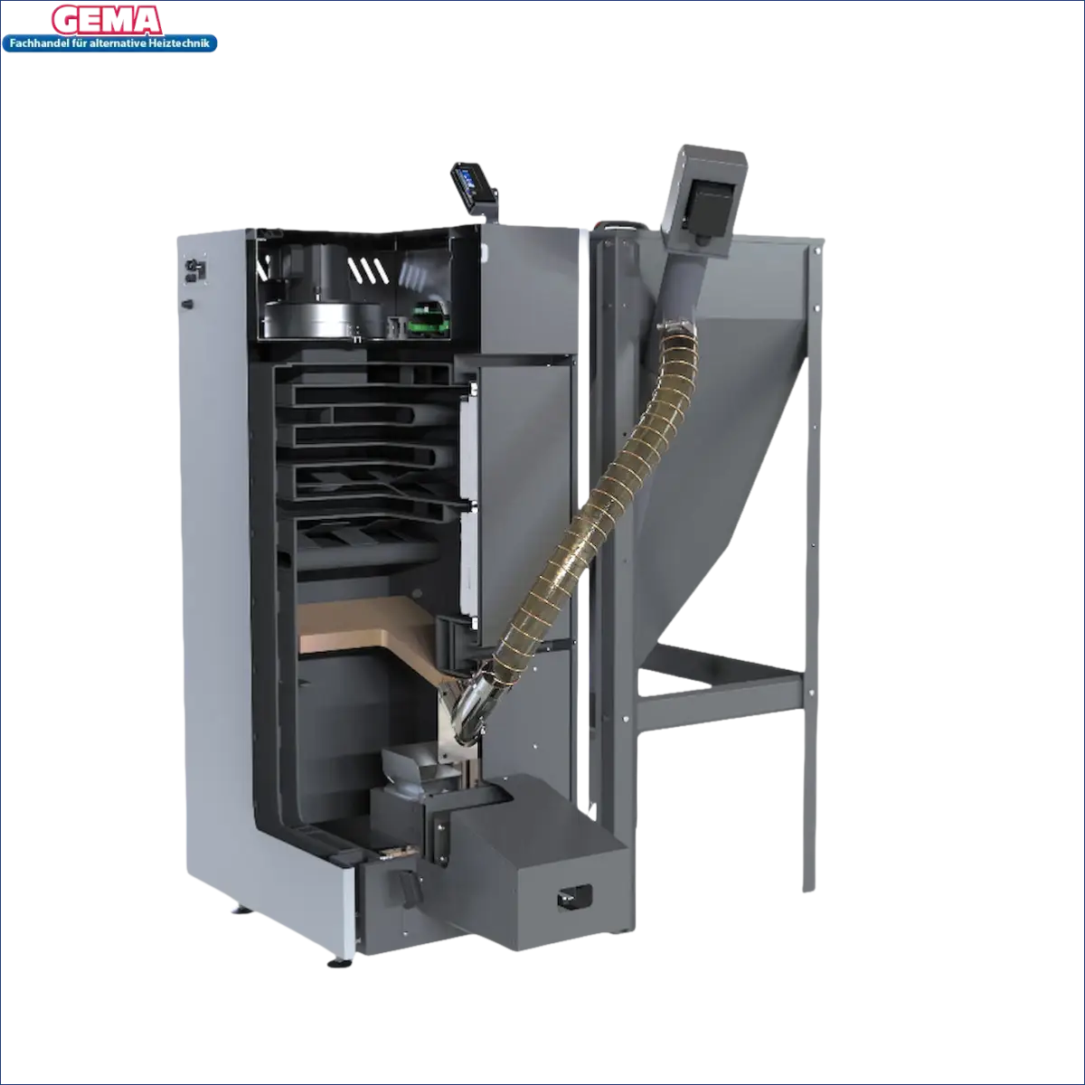 Bild eines grauen Pelletkessel NEXTPELL+ 20 kW mit Hopper, langlebig und hohe technische daten