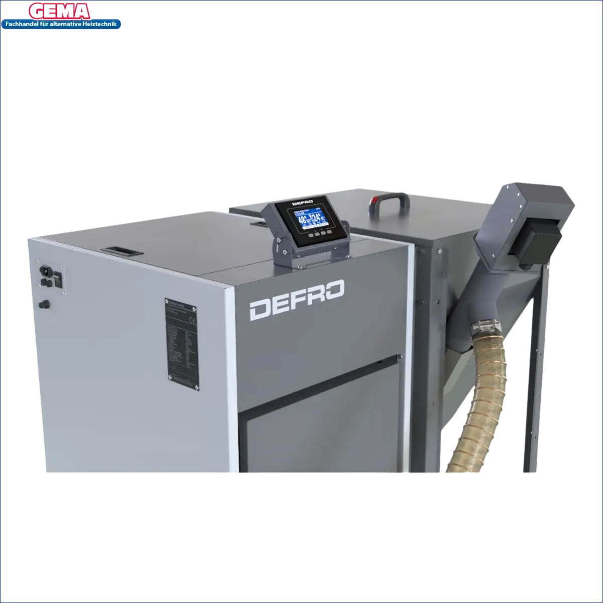Graue weiße Pelletkessel NEXTPELL+ 20 kW mit digitalem Display und flexibler Schlauch
