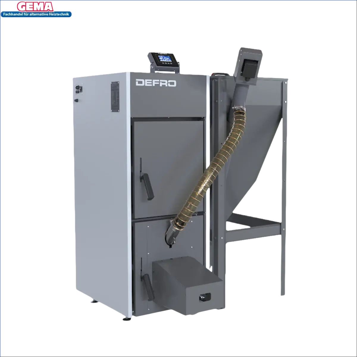 Grauer und weißer Pelletkessel NEXTPELL+ 20 kW mit Hopper, langlebig, technische Daten