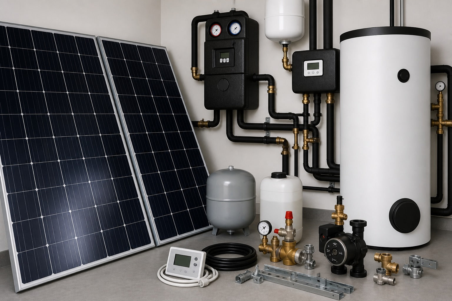 Solteknik med solpaneler, batterilager, solstation och rörinstallation i modernt teknikrum