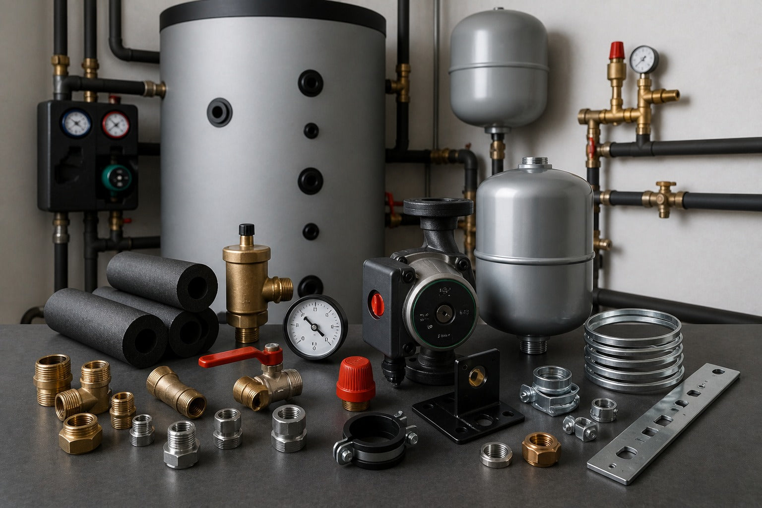 Förvaringsset med armaturer, pump, expansionskärl och anslutningsmaterial i pannrummet