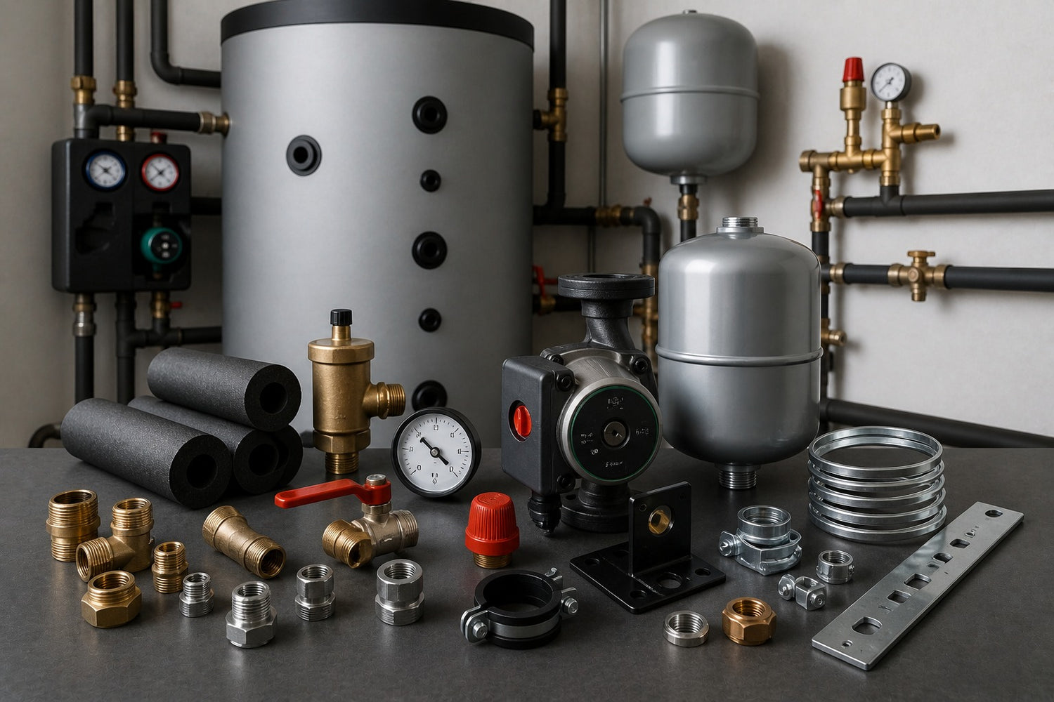 Speicherzubehör mit Armaturen, Pumpe, Ausdehnungsgefäß und Anschlussmaterial im Heizraum