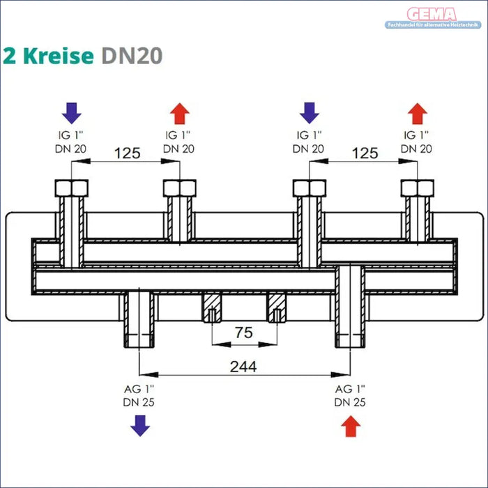 Technische Zeichnung eines Sunex Heizkreisverteilers heat exchanger Produktbild