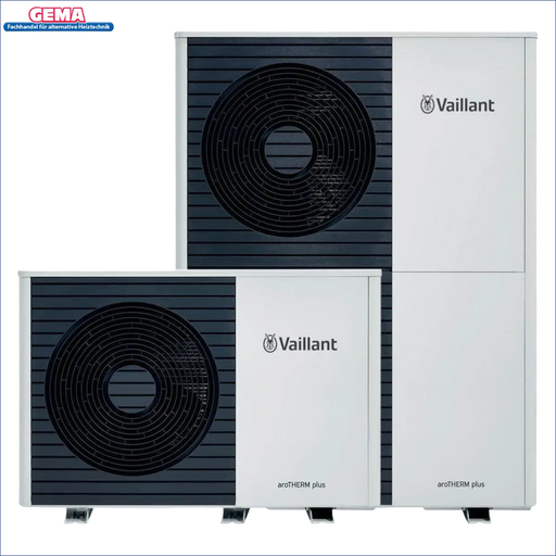 Zwei weiße und schwarze Vaillant Wärmepumpen aroTHERM plus für effiziente Heizung