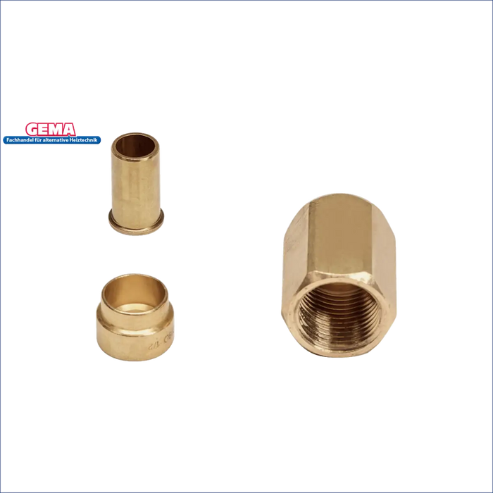 Set of brass fittings including a nut and two connectors, designed for durable plumbing applications.