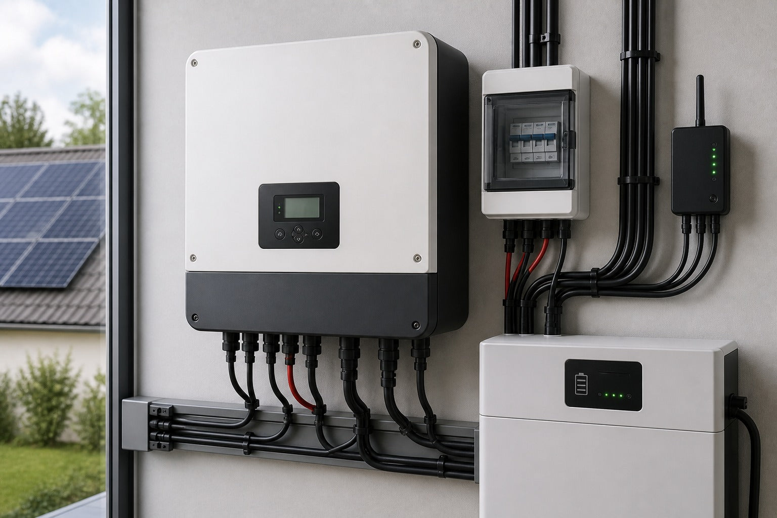 Växelriktare med solcellsanläggning, batterilager och ren elinstallation i teknikrummet