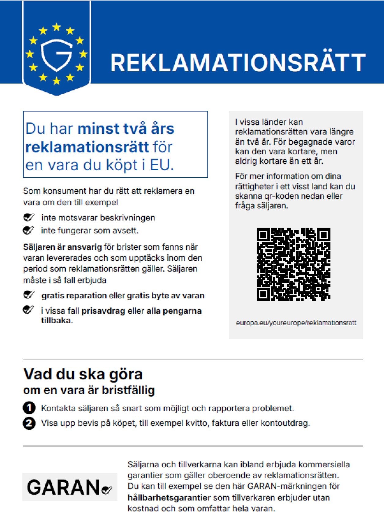 Harmoniserad EU-information om den lagstadgade reklamationsrätten